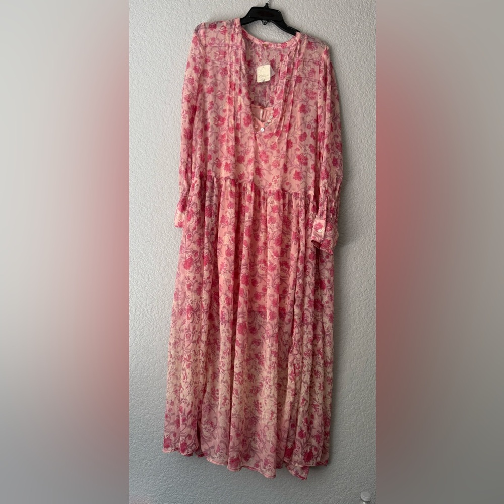 Free People Pink and White Pleated Tiered Sundress with Bishop Sleeves - Picture 5 of 14